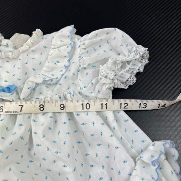 VTG Nannette Infant Girl Ruffle Romper One Piece Size L Made in USA Blue White - Picture 11 of 14